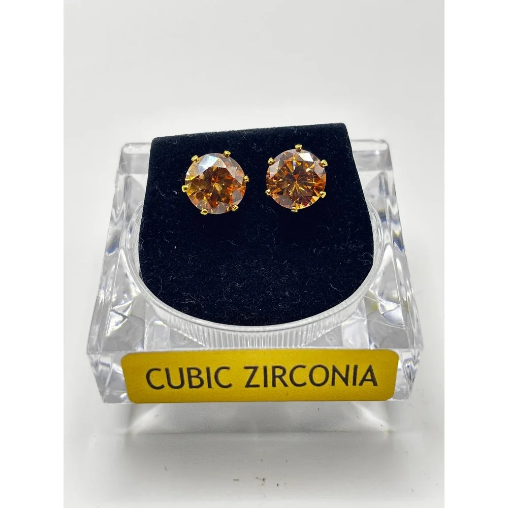 Cognac Amber Cubic Zirconia Stud Earrings Gold Tone‎ Round Cut 6-Prong Basket